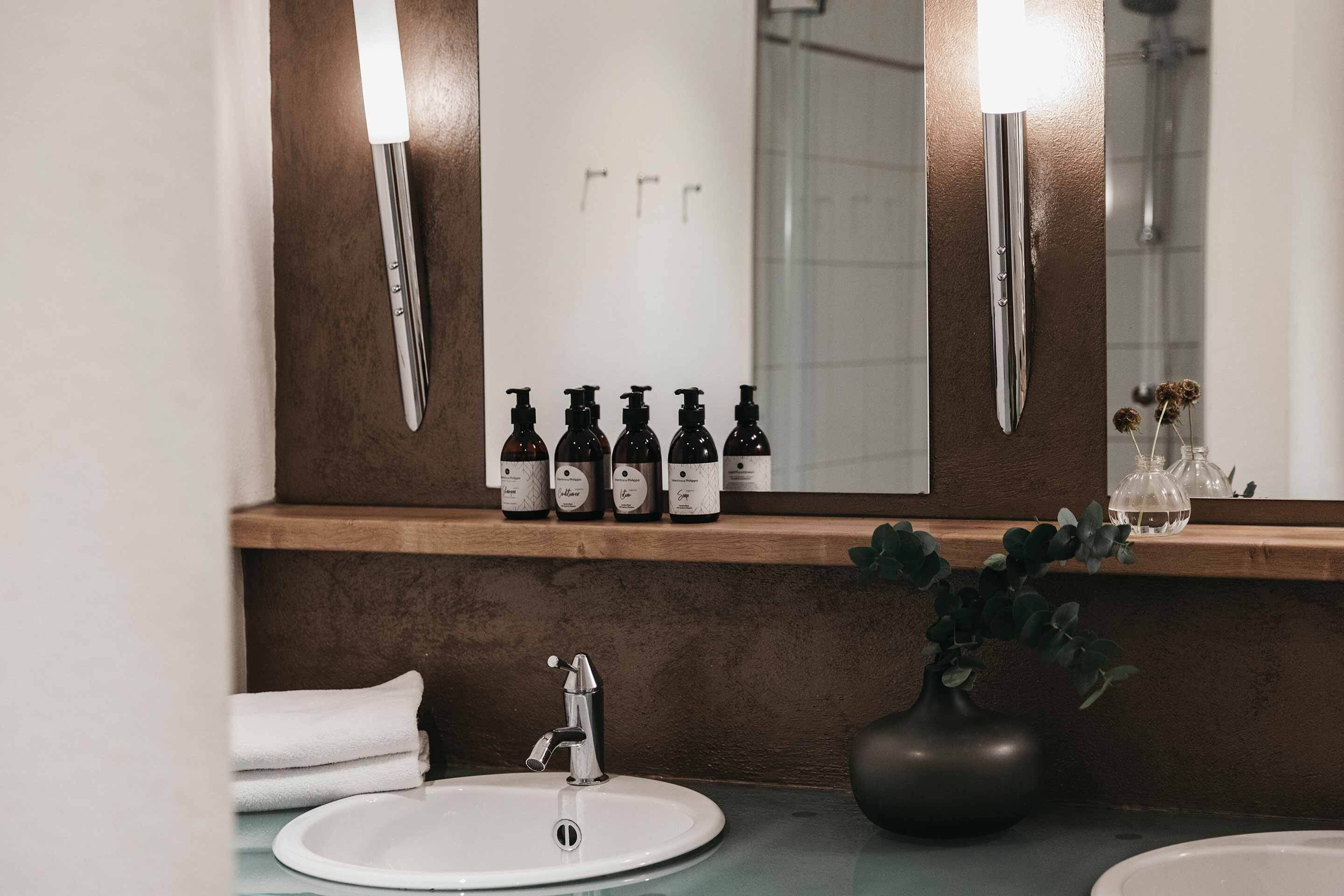 A bathroom with a white sink, a mirror, and a shelf with toiletries.