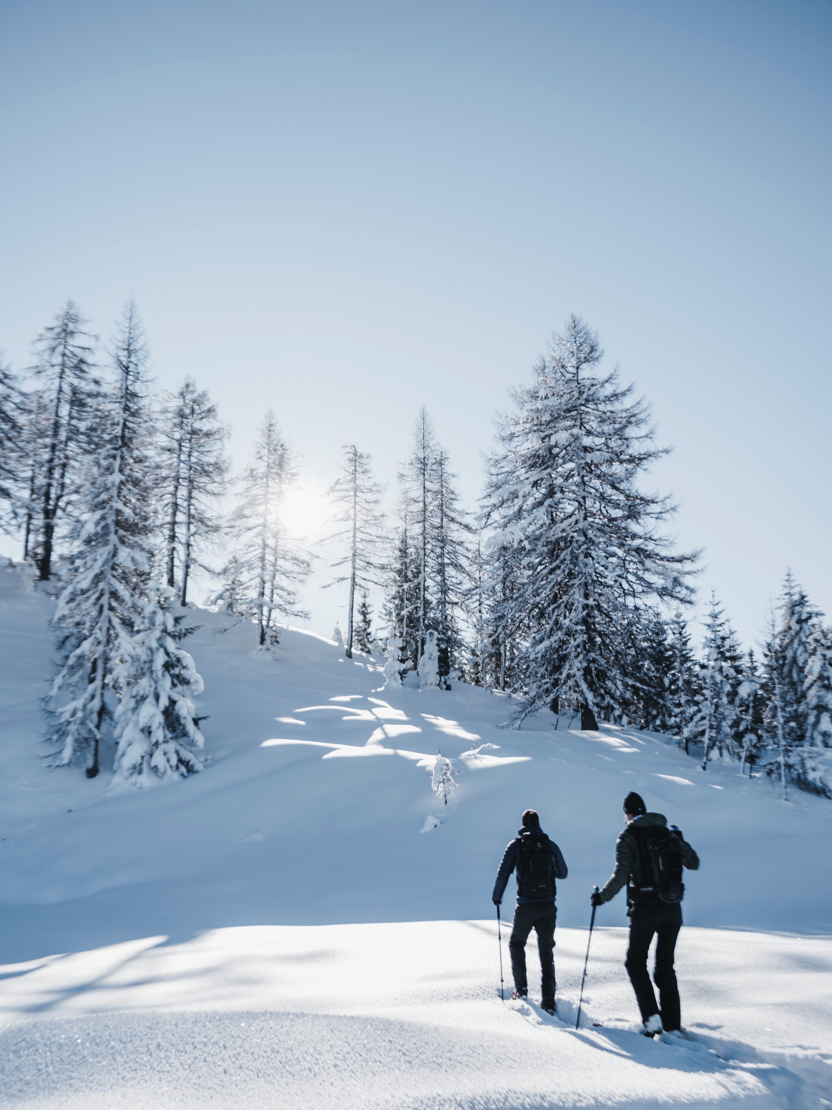 A snowy landscape with two people skiing.