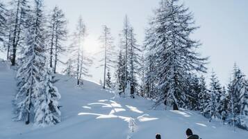 A snowy landscape with two people skiing.