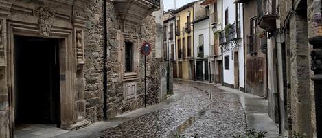 Una estrecha calle adoquinada flanqueada por edificios históricos, con fachadas de piedra y balcones de hierro forjado.