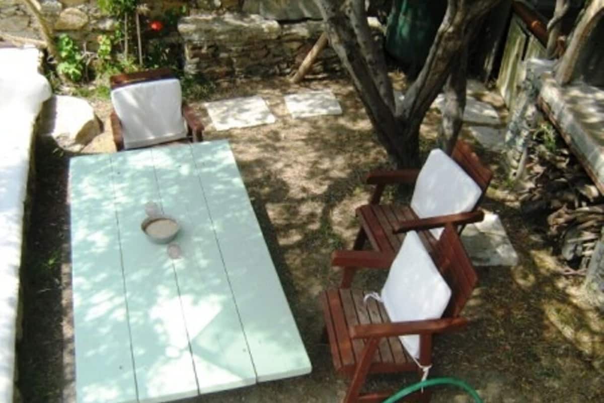 A patio with a table and wooden chairs.