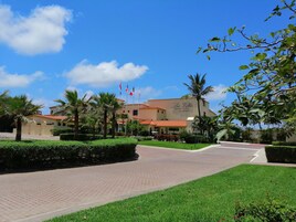 Entrada de hotel con un camino pavimentado, palmeras y un cielo azul despejado.