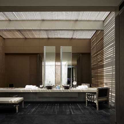 Separate tub and shower, deep soaking tub, rainfall showerhead