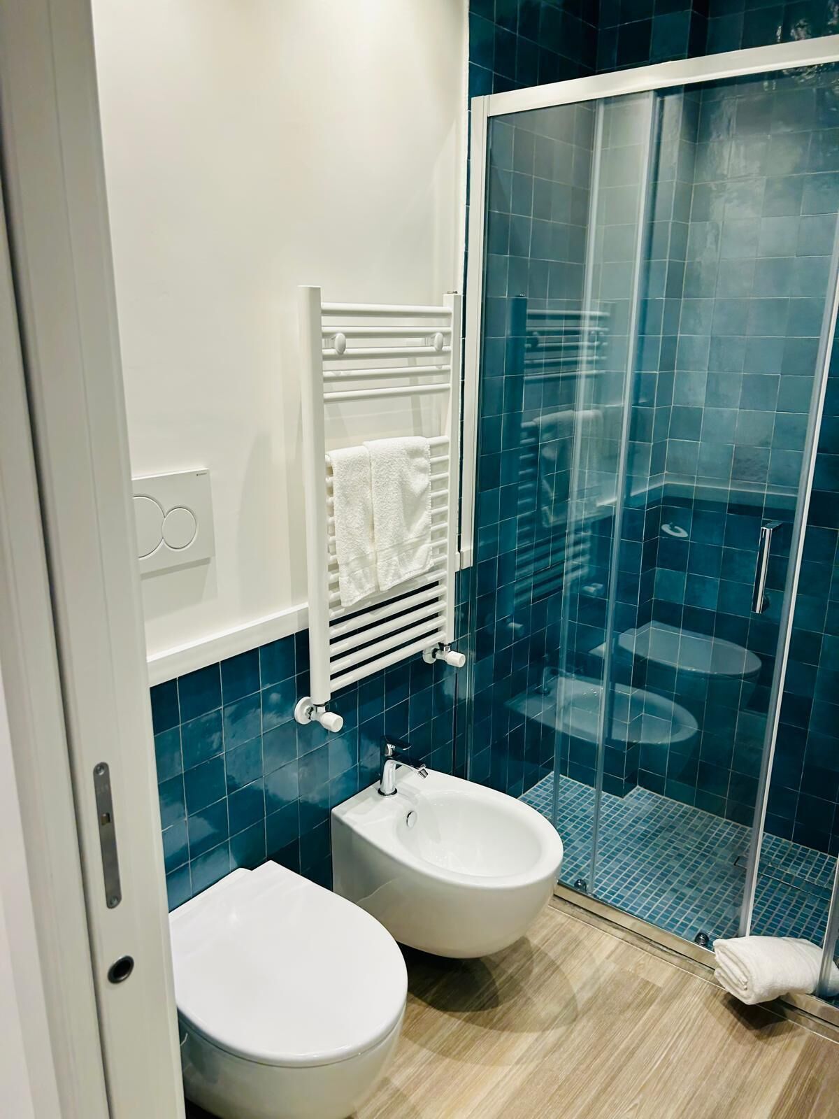 A modern bathroom with a glass shower enclosure, a white toilet, and a bidet.
