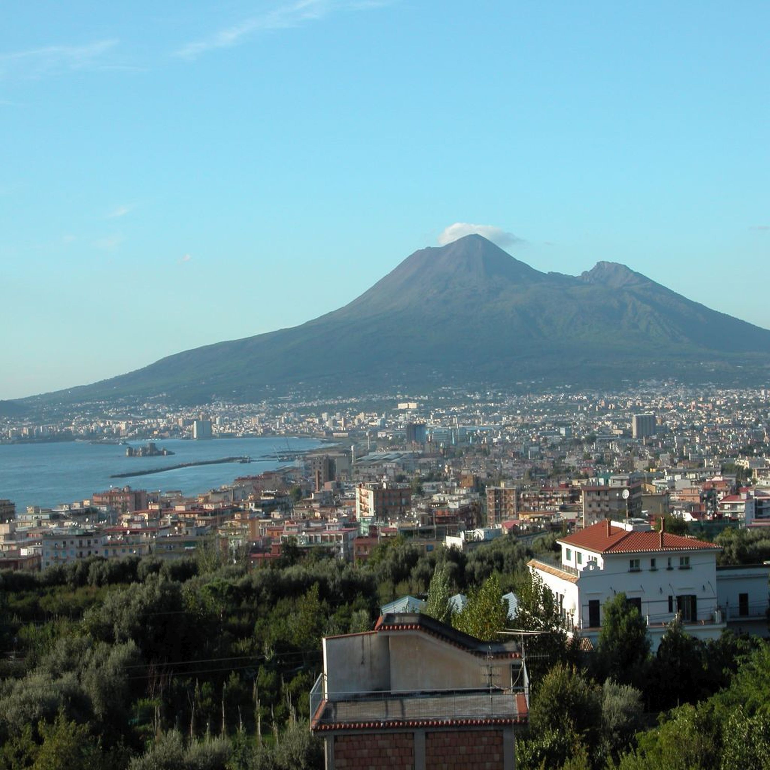 A coastal city with a prominent mountain in the background.