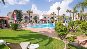 Seasonal outdoor pool, pool umbrellas, pool loungers