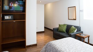 Une chambre d’hôtel avec un lit, un téléviseur posé sur une étagère en bois, un canapé gris avec des coussins verts et une petite table en bois.