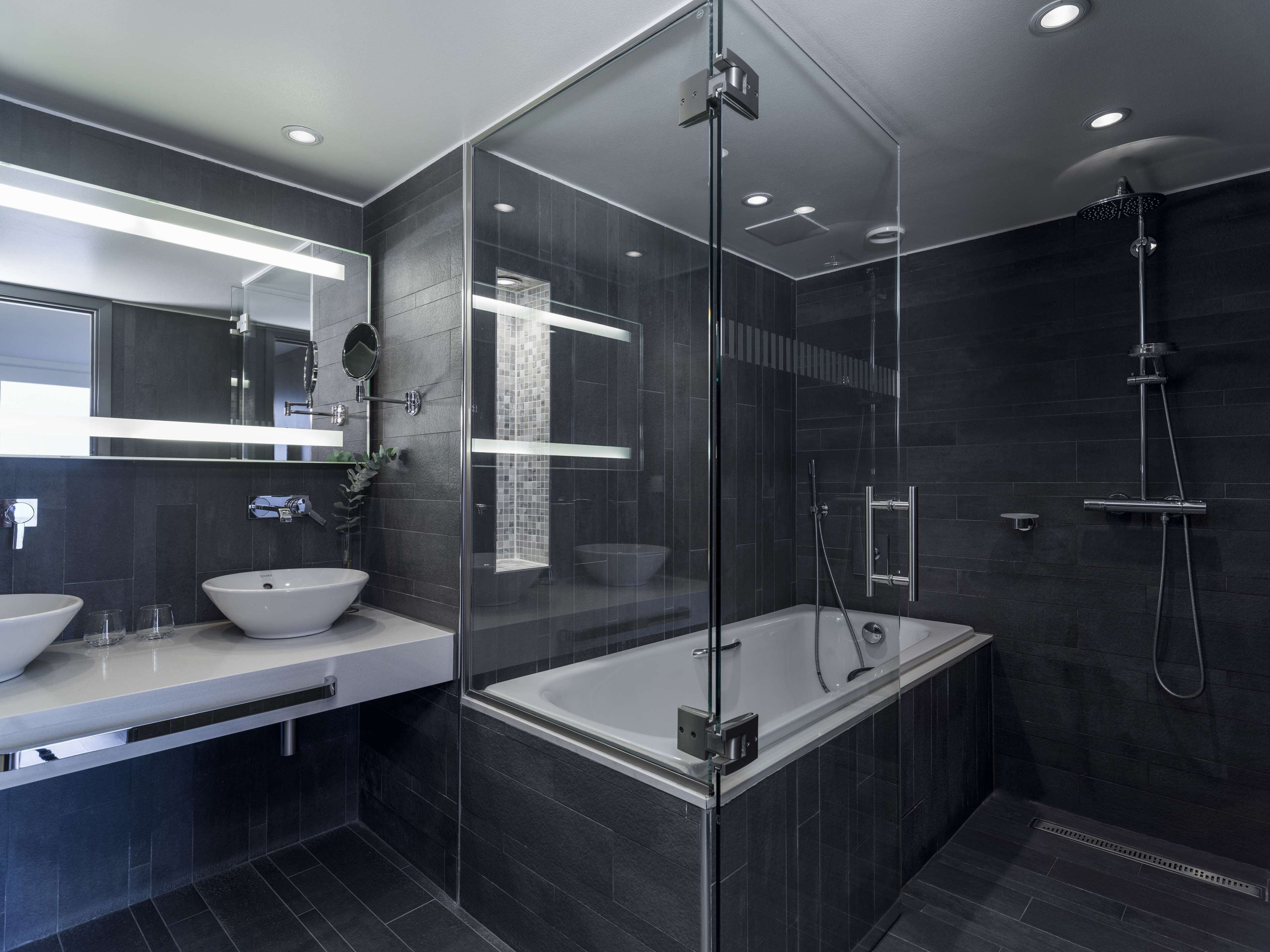 shower, eco-friendly toiletries, hair dryer, towels