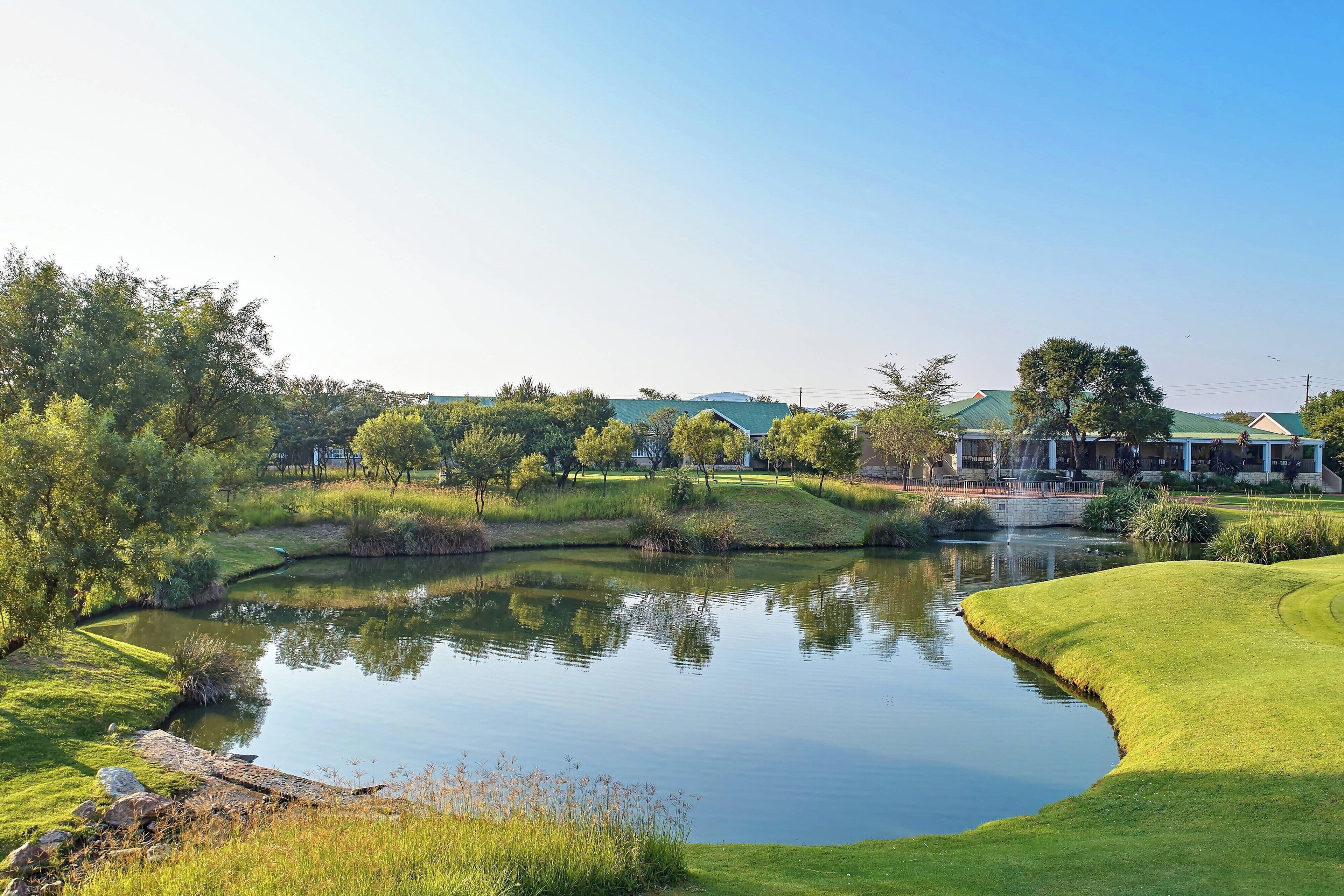 A serene landscape with a pond, green grass, and trees.