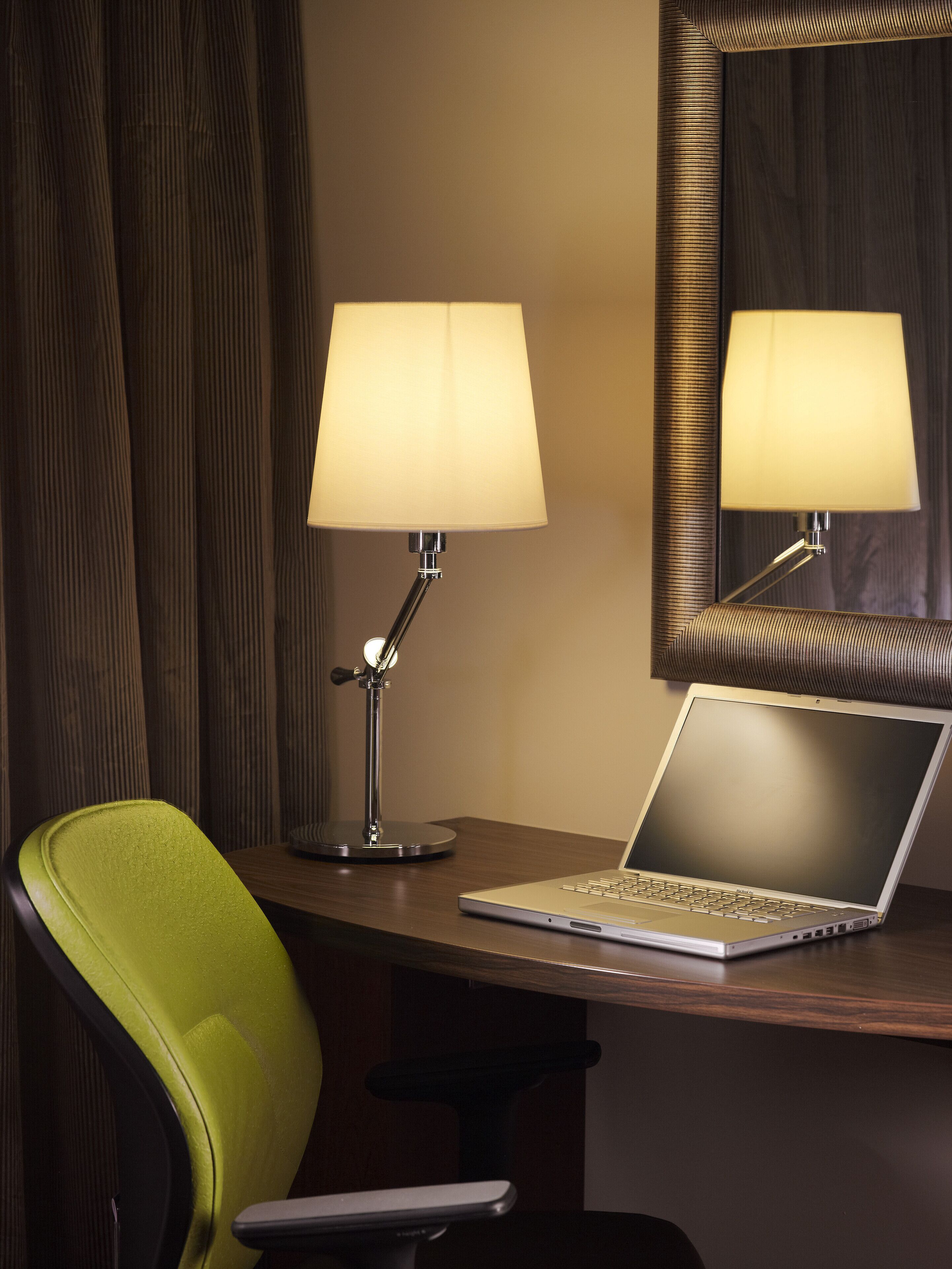 desk, laptop workspace, blackout curtains, iron/ironing board