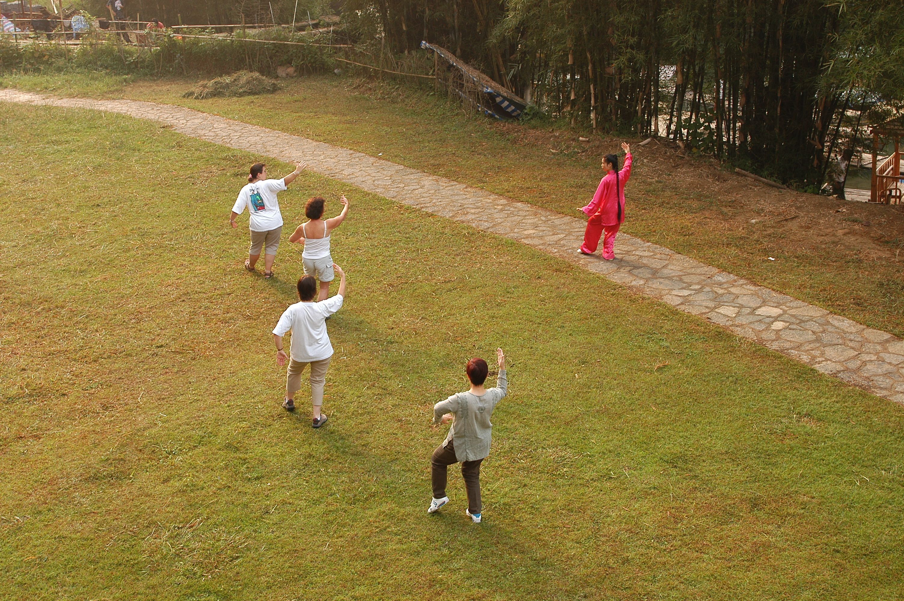 A group of people on a grassy field with a stone pathway.