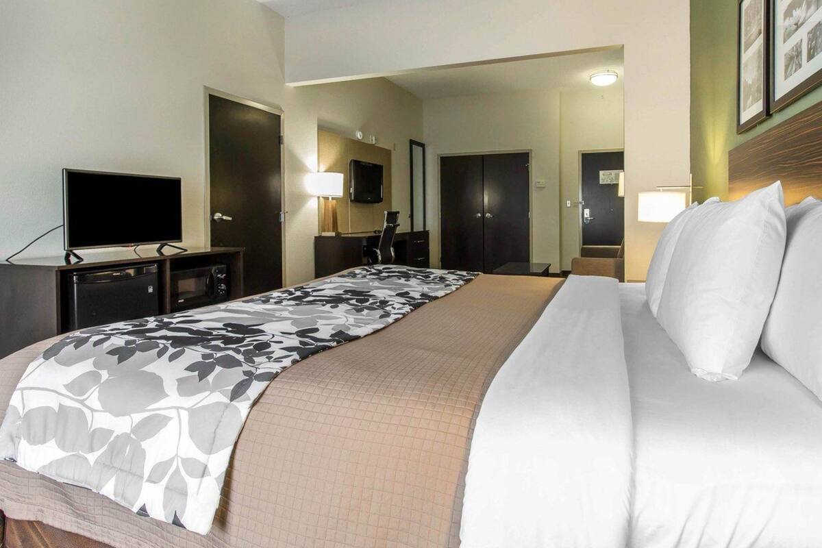 A hotel room with a large bed, a flat-screen TV, a desk with a lamp, and a mirror.