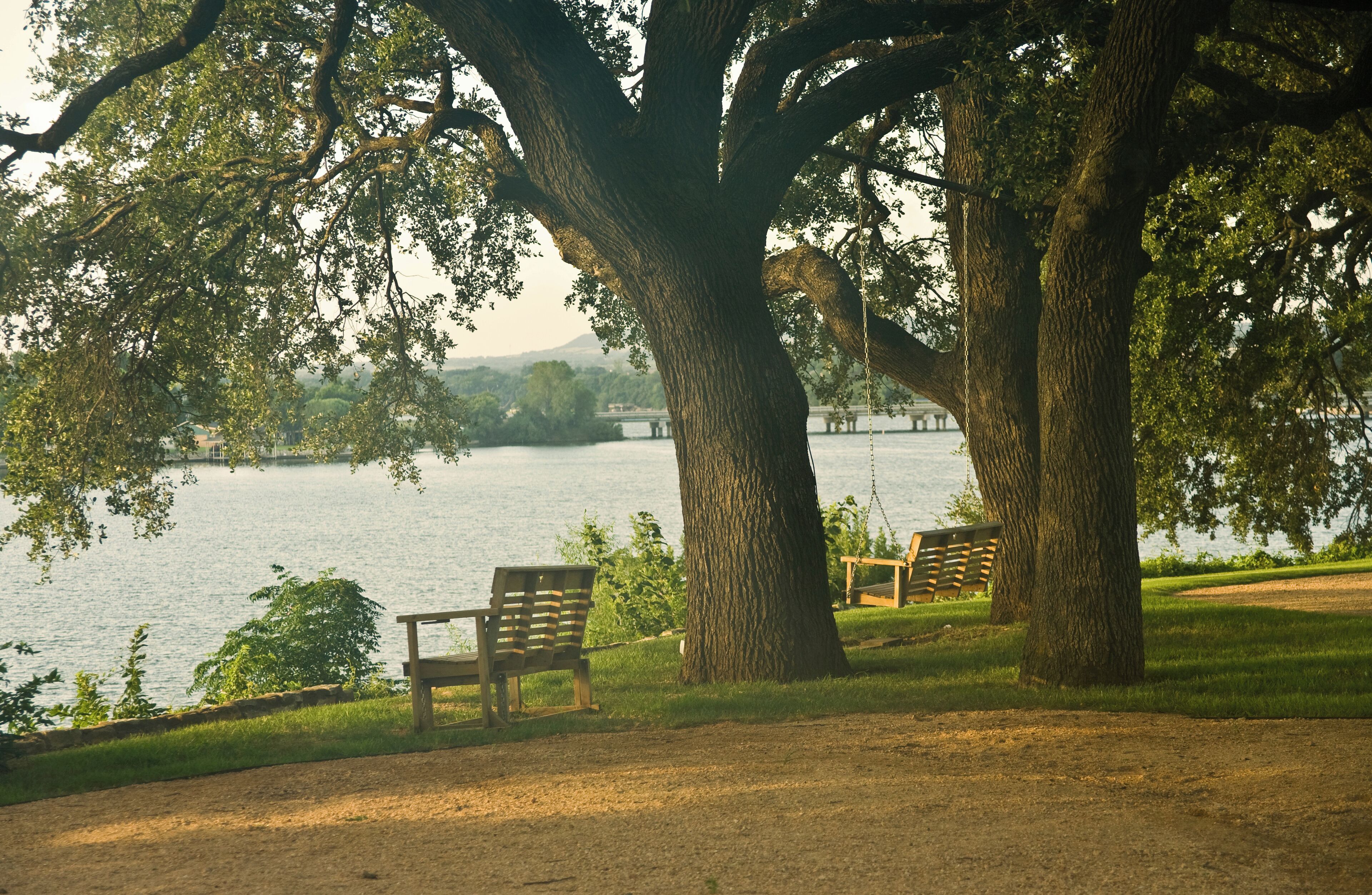 Un parque con dos bancos de madera bajo árboles grandes, junto a un lago.