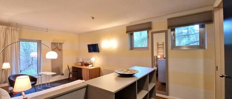 A compact hotel room with a desk, chair, and a large mirror. There are two windows providing natural light and a view of trees.