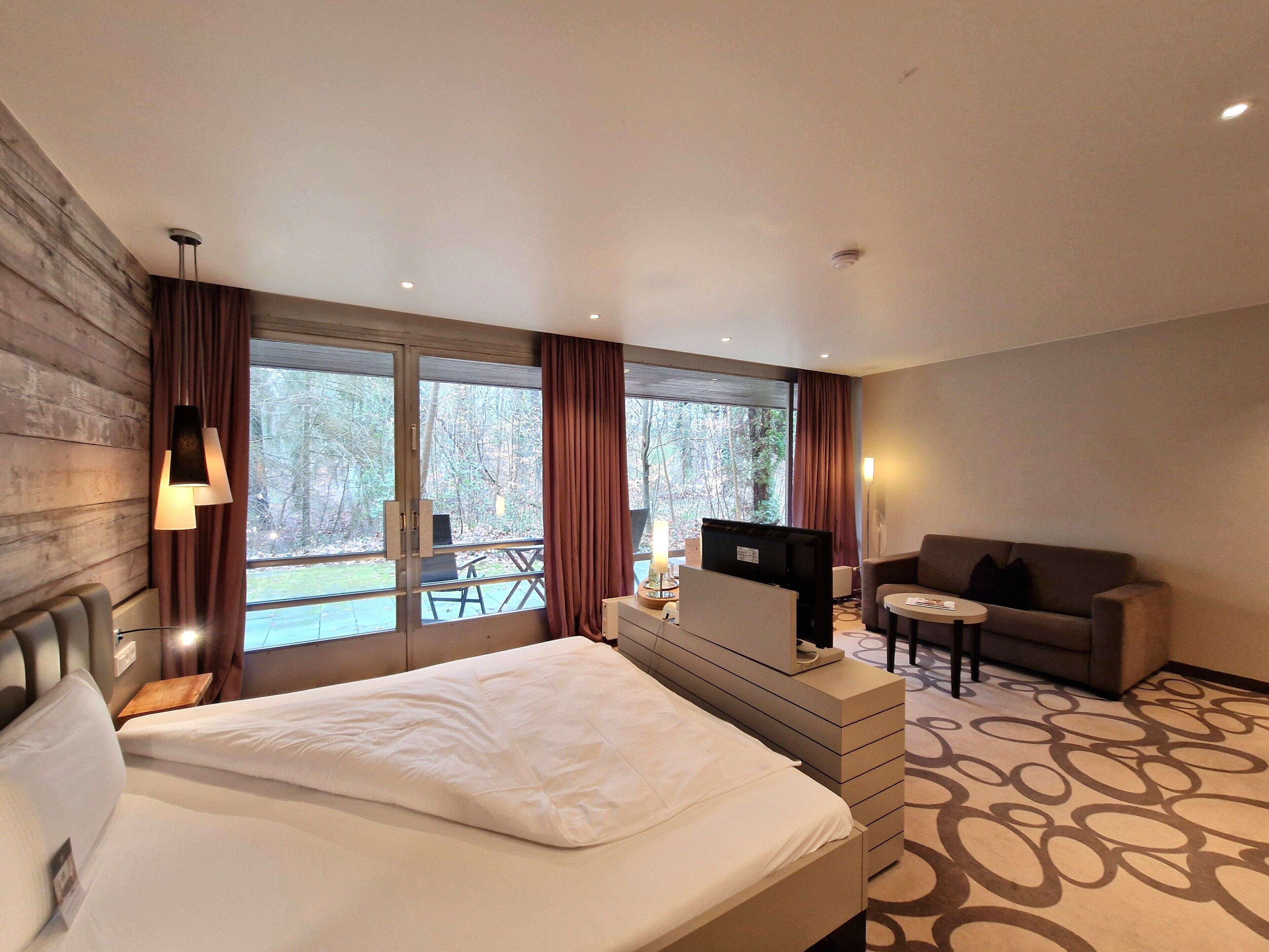 A hotel room with a bed, a TV, a sofa, and a view of the outdoors.