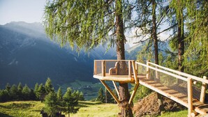 Eine Holzplattform mit Metallgeländer, die an einem Baum befestigt ist und auf eine Berglandschaft blickt.