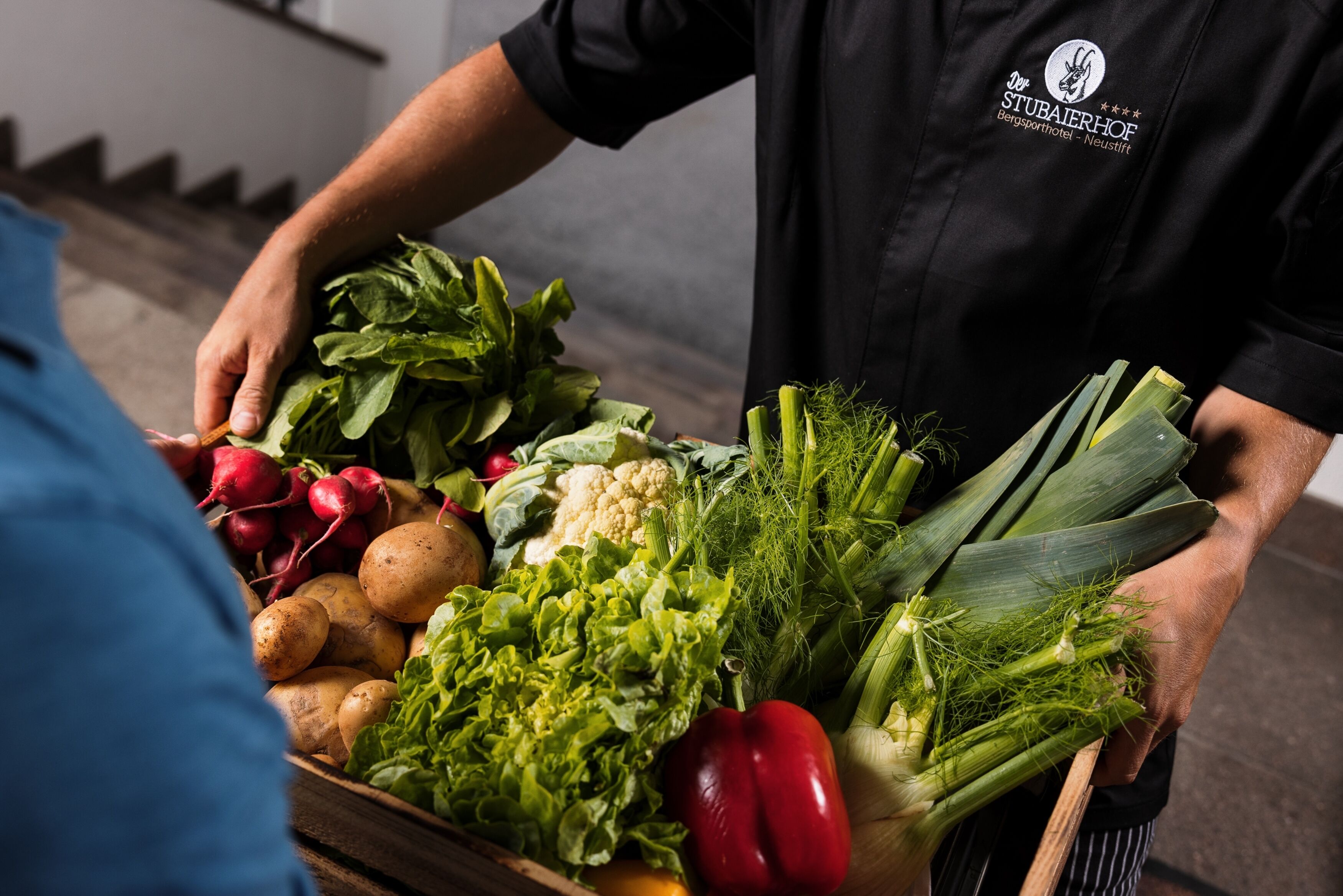 Une personne tenant une caisse en bois remplie de légumes frais, comme de la laitue, des radis et des pommes de terre.