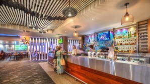 Zona de bar con mostrador, asientos y una pantalla de televisión.