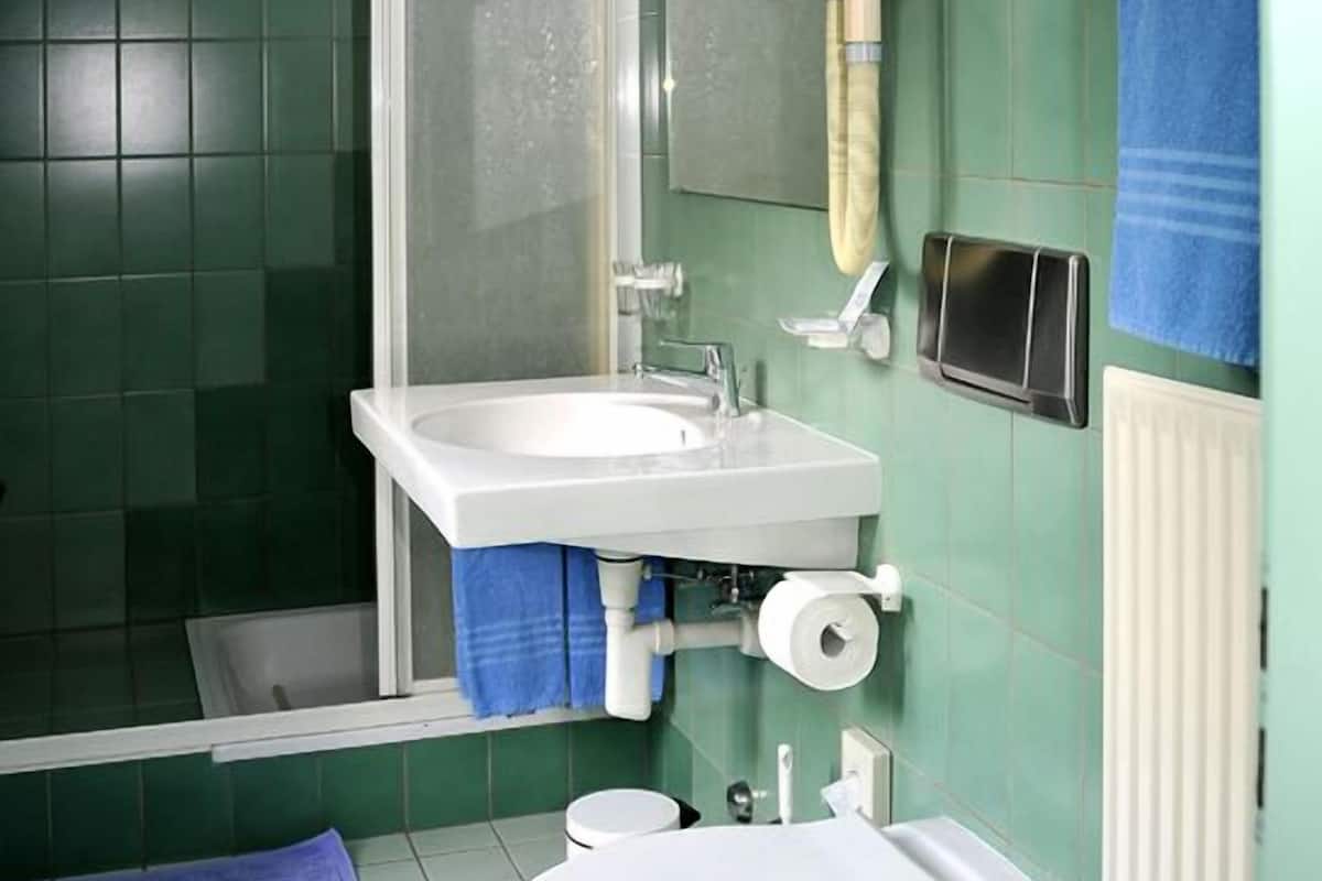 standard double room | bathroom | hair dryer, towels, soap, shampoo