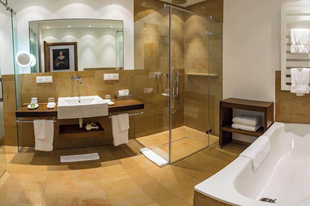 duplex | bathroom | hair dryer, bathrobes, slippers, towels