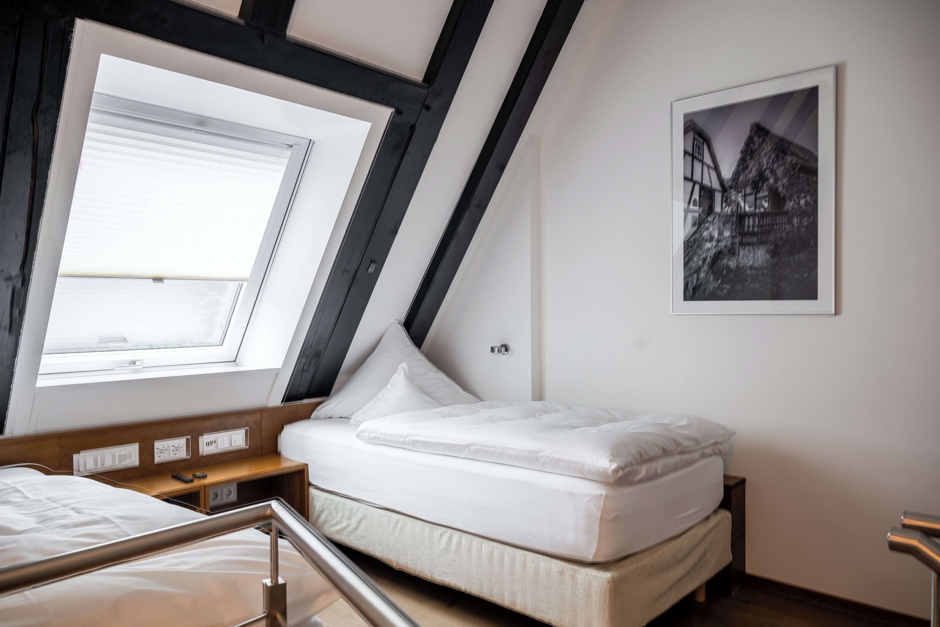 A bedroom with a bed, a skylight, a bedside table, a nightstand, and a framed picture on the wall.
