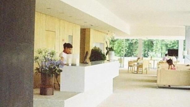 En rummelig lobby med reception, siddeområde og potteplanter.