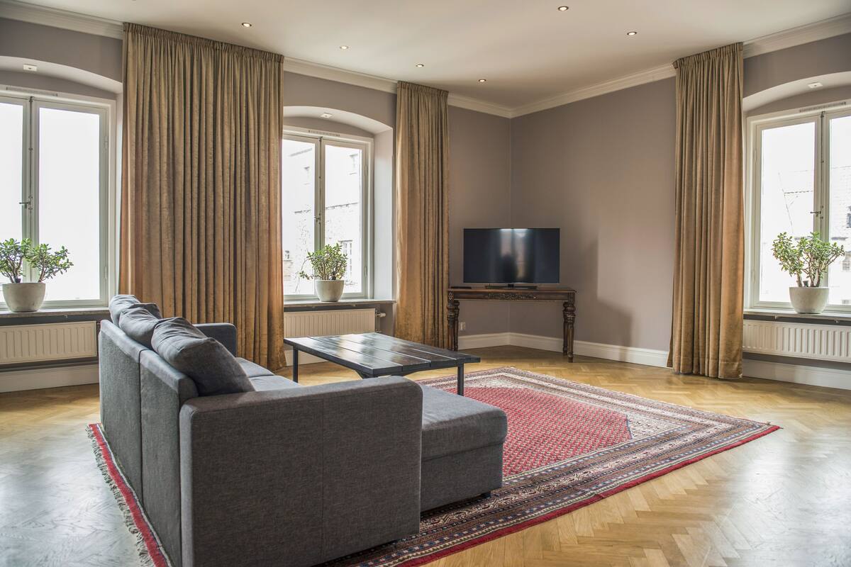 A modern living room with a grey sofa, a coffee table, and a flat-screen TV. There are large windows with curtains, potted plants, and a patterned rug on the wooden floor.