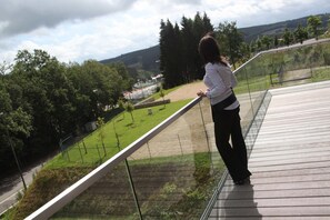 A person standing on a glass railing overlooking a landscaped area with trees and a building in the distance. - Hotel de la Source (Stavelot)