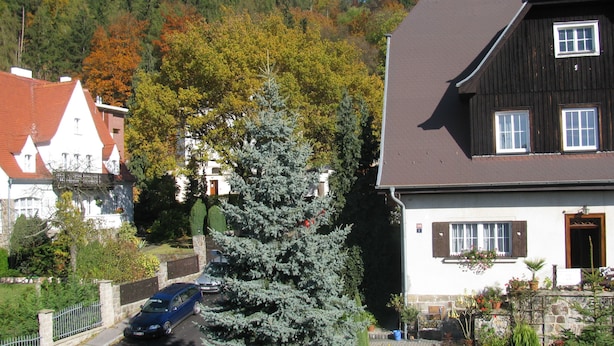A residential area with a house featuring a sloped roof, a balcony, and a garden with potted plants. - Diamant- Guest House (Karlovy Vary)