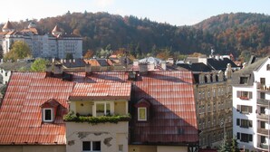 A cityscape with buildings featuring red-tiled roofs and a backdrop of autumn-colored trees. - Diamant- Guest House (Karlovy Vary)