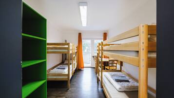 Un dormitorio con literas, un escritorio y una estantería verde.