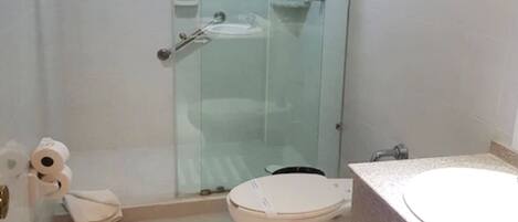 A bathroom with a glass-enclosed shower, a toilet, and a sink.