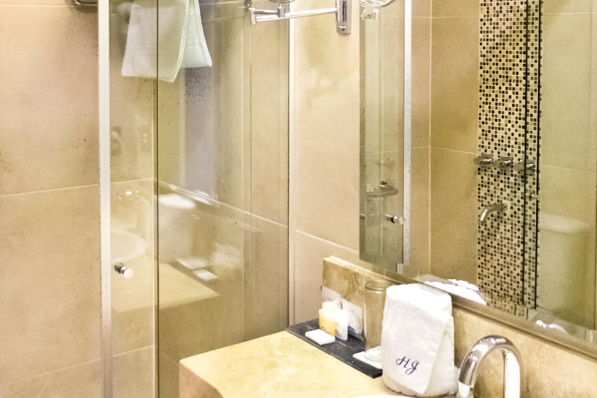 shower, rainfall showerhead, free toiletries, hair dryer