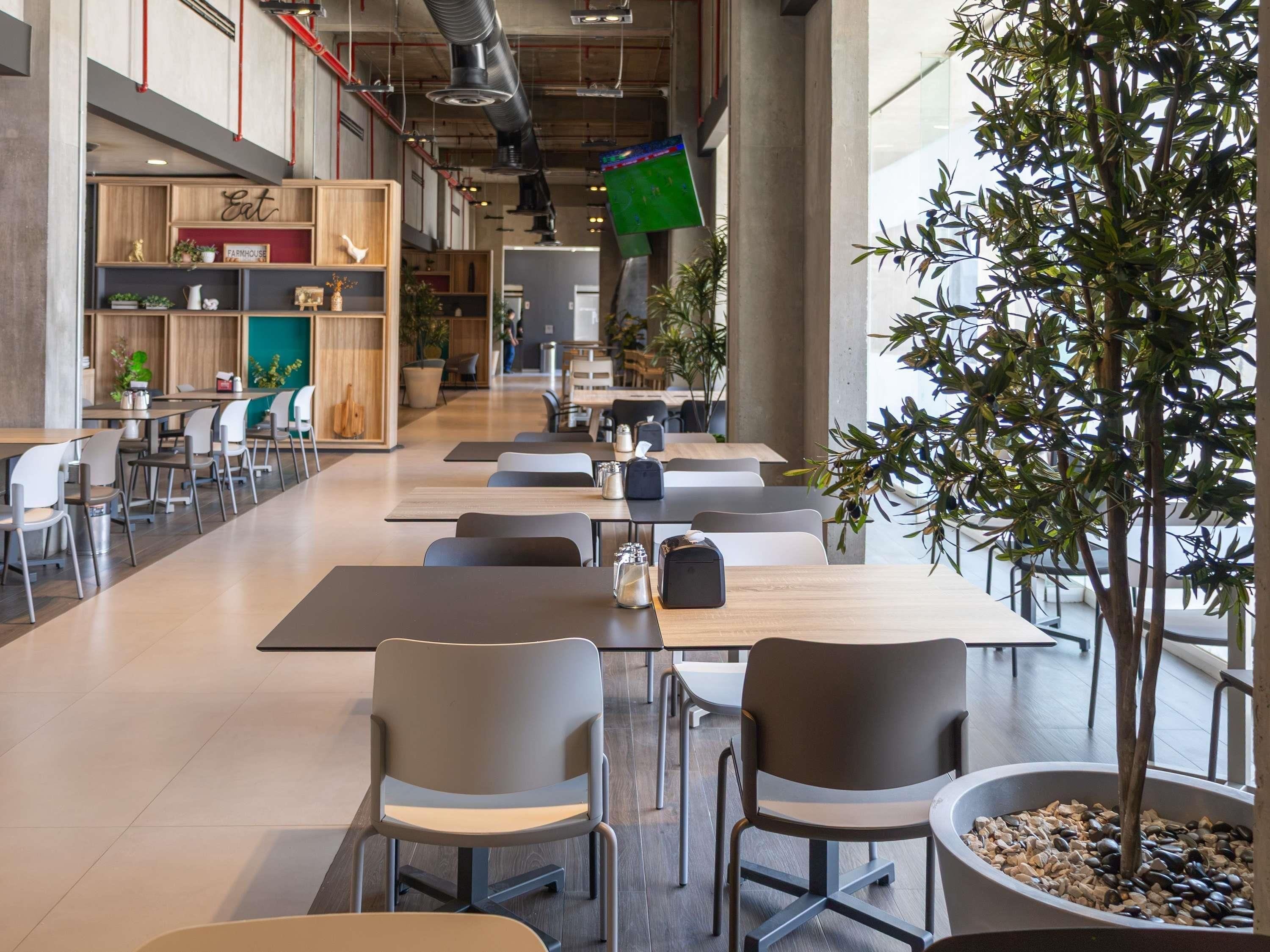 Una cafetería moderna con mesas y sillas largas, un gran árbol en maceta y un techo visible con conductos.