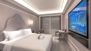 Deluxe Room, 1 Katil Raja (King) | Peralatan tempat tidur premium, gebar bulu kapas, busa memori, bar mini