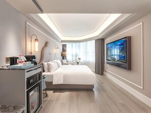 Minibar, desk, laptop workspace, blackout drapes