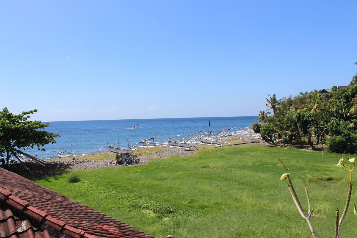 En kustvy med ett grönområde, en strand med båtar och en klarblå himmel.