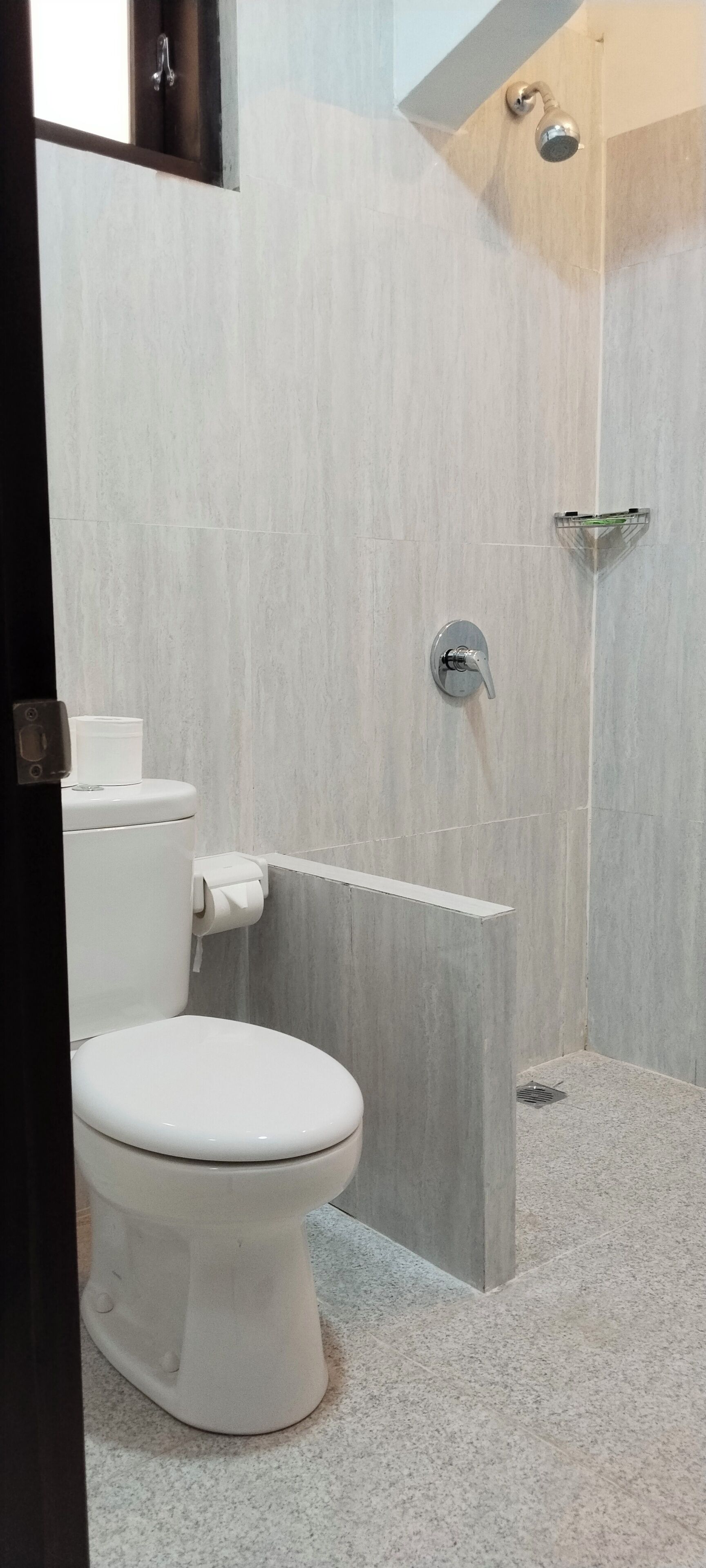 Un baño con inodoro, ducha y mampara de vidrio.