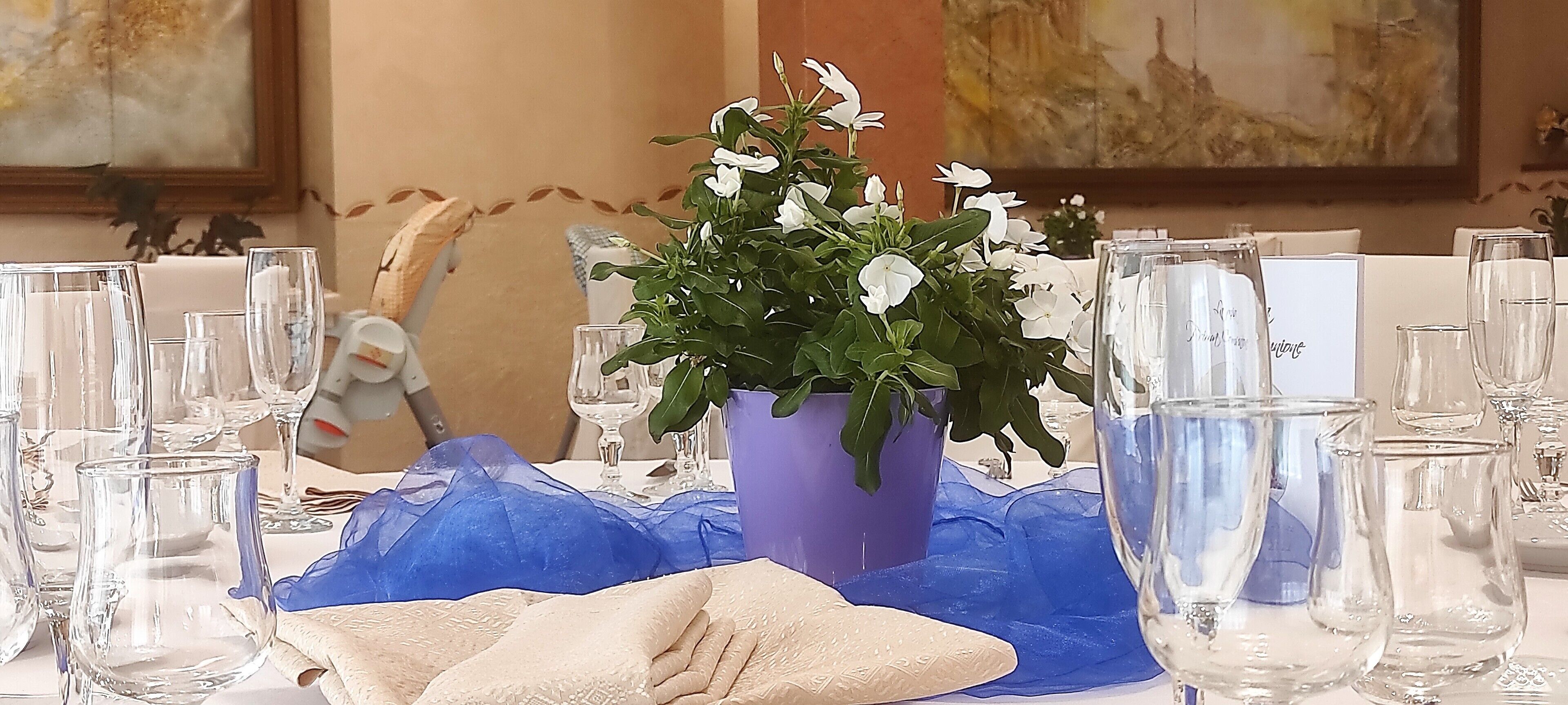 A table set for a formal event with a purple vase of white flowers, clear glasses, and a blue table runner.