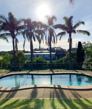 A swimming pool surrounded by palm trees, with a building in the background.