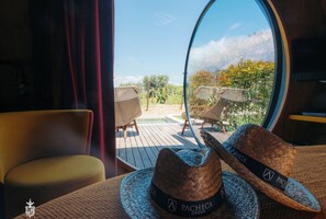 A room with a view of a pool and outdoor seating, featuring woven hats and a logo for Pacheca Group.