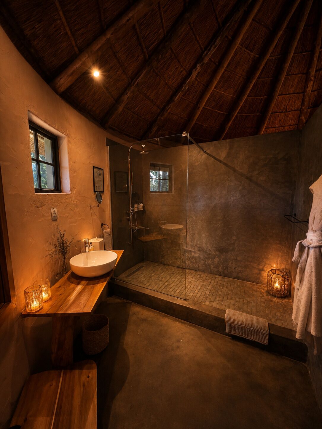 A bathroom with a wooden vanity, a glass-enclosed shower, and a white bathtub.