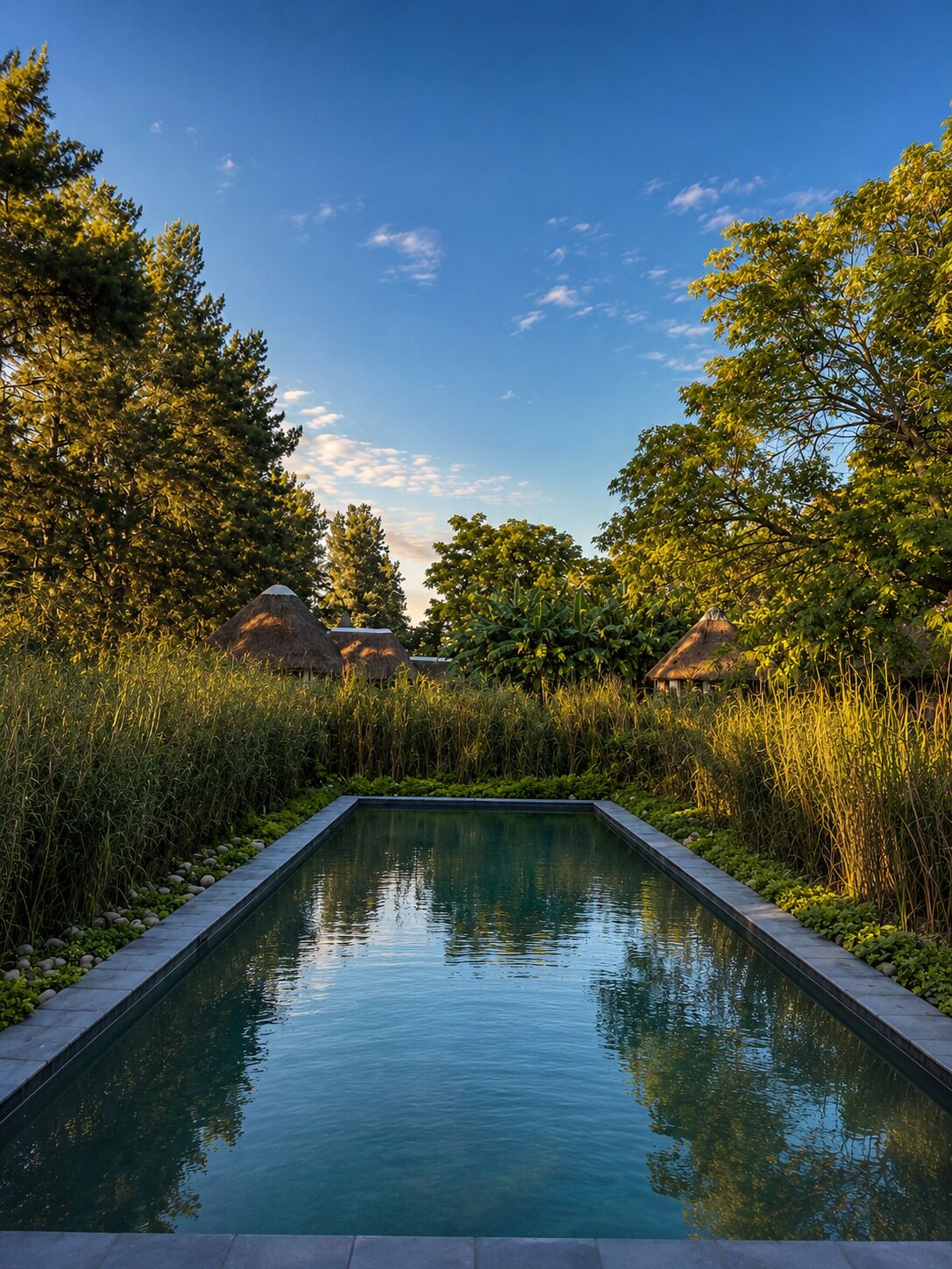 Una piscina al aire libre, sillones reclinables de piscina