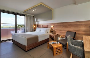 Habitación de hotel con una cama grande, un escritorio, una silla y vistas a la ciudad.