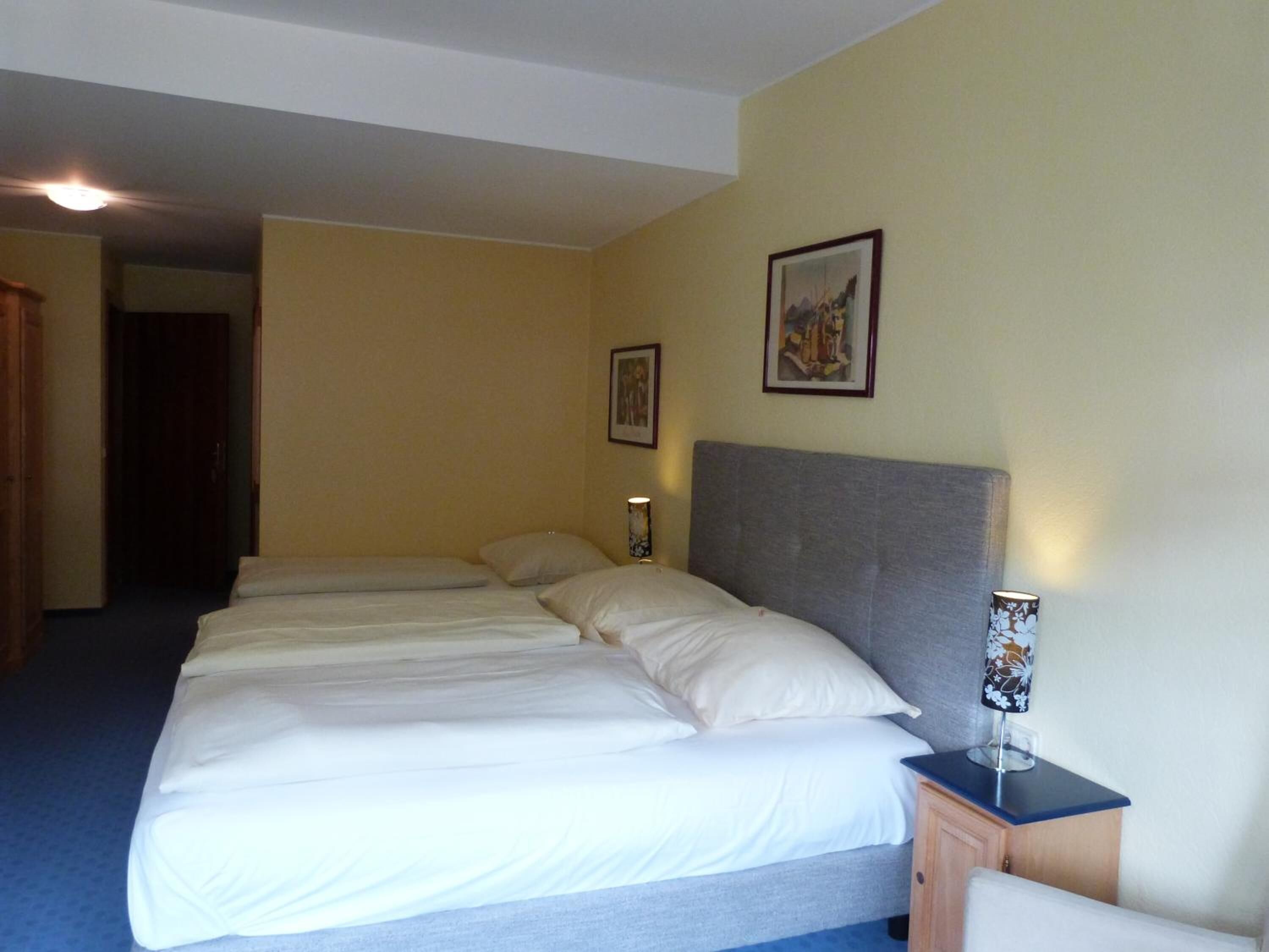 Habitación de hotel con una cama grande, una mesita de noche con lámpara y dos cuadros en la pared.