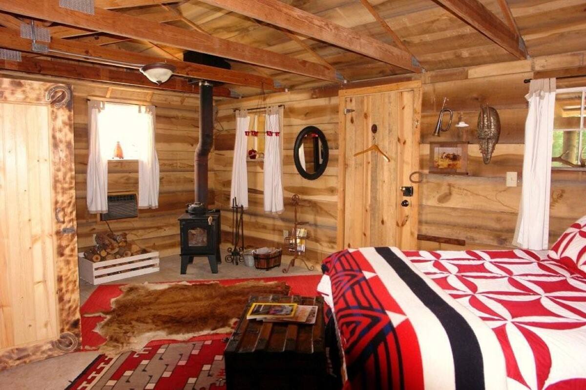 A rustic wooden cabin interior with a bed, a fireplace, a mirror, and a hanging light fixture.