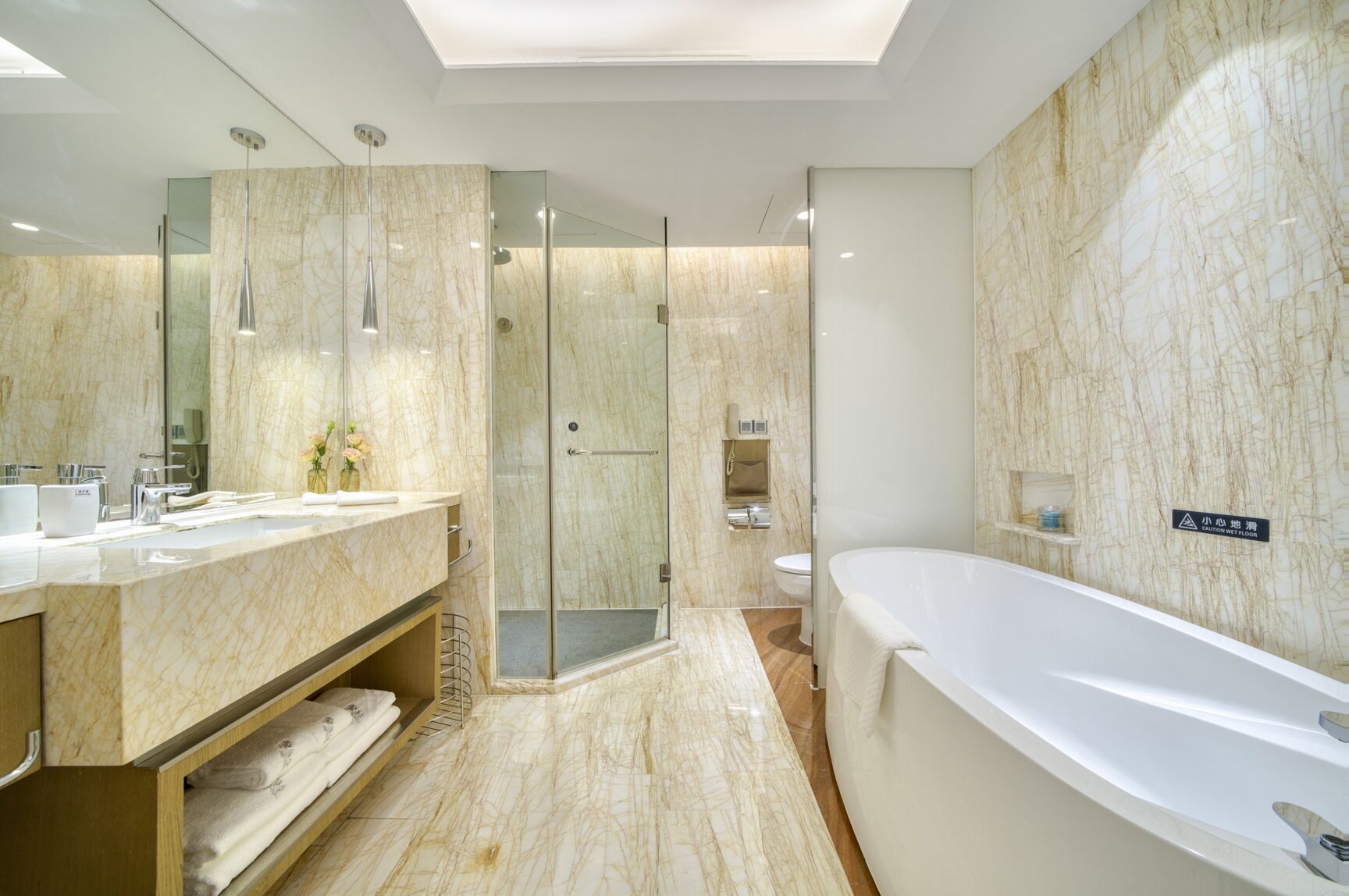 deluxe twin room | bathroom | separate bathtub and shower, rainfall showerhead, hair dryer, bathrobes