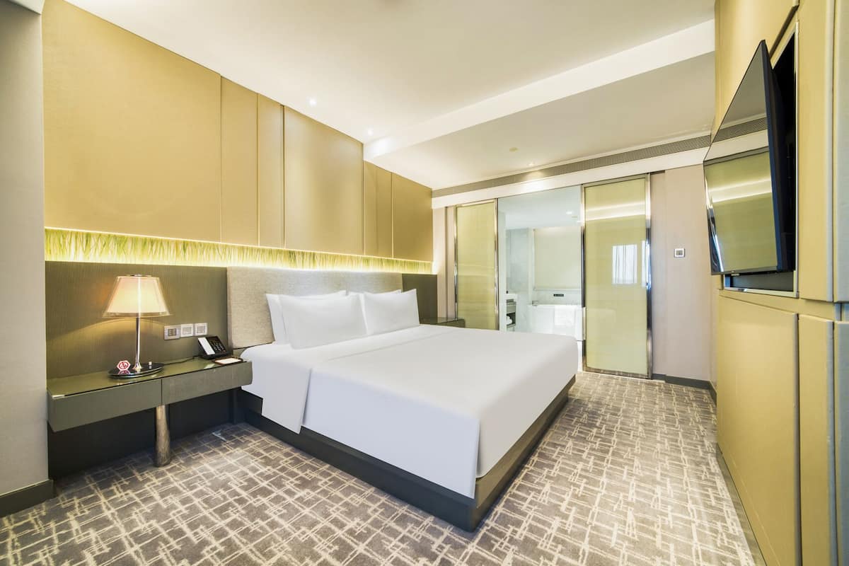A hotel room with a large bed, bedside table with a lamp, and a TV mounted on the wall.