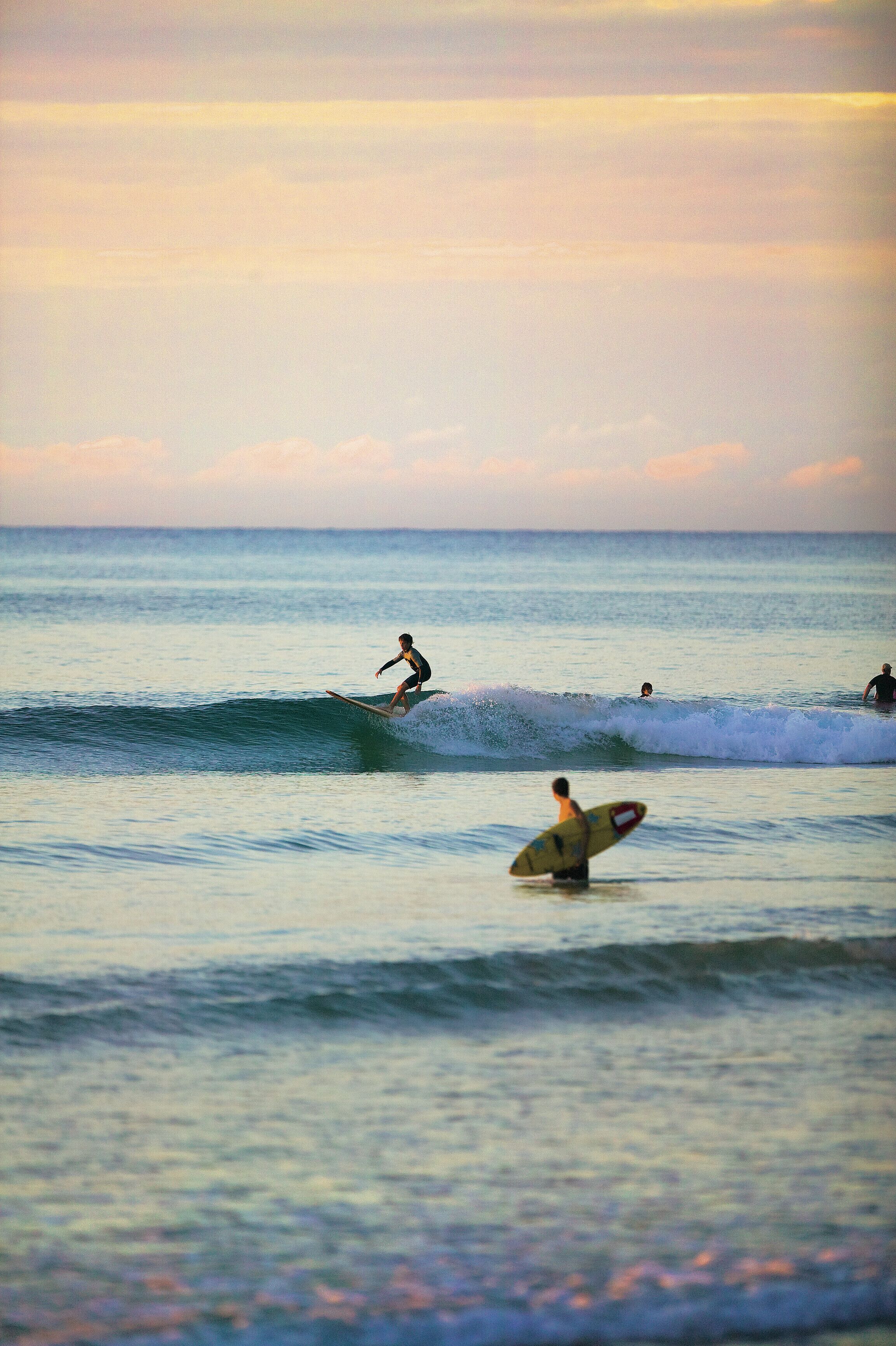 Escena de playa con surfistas y olas.