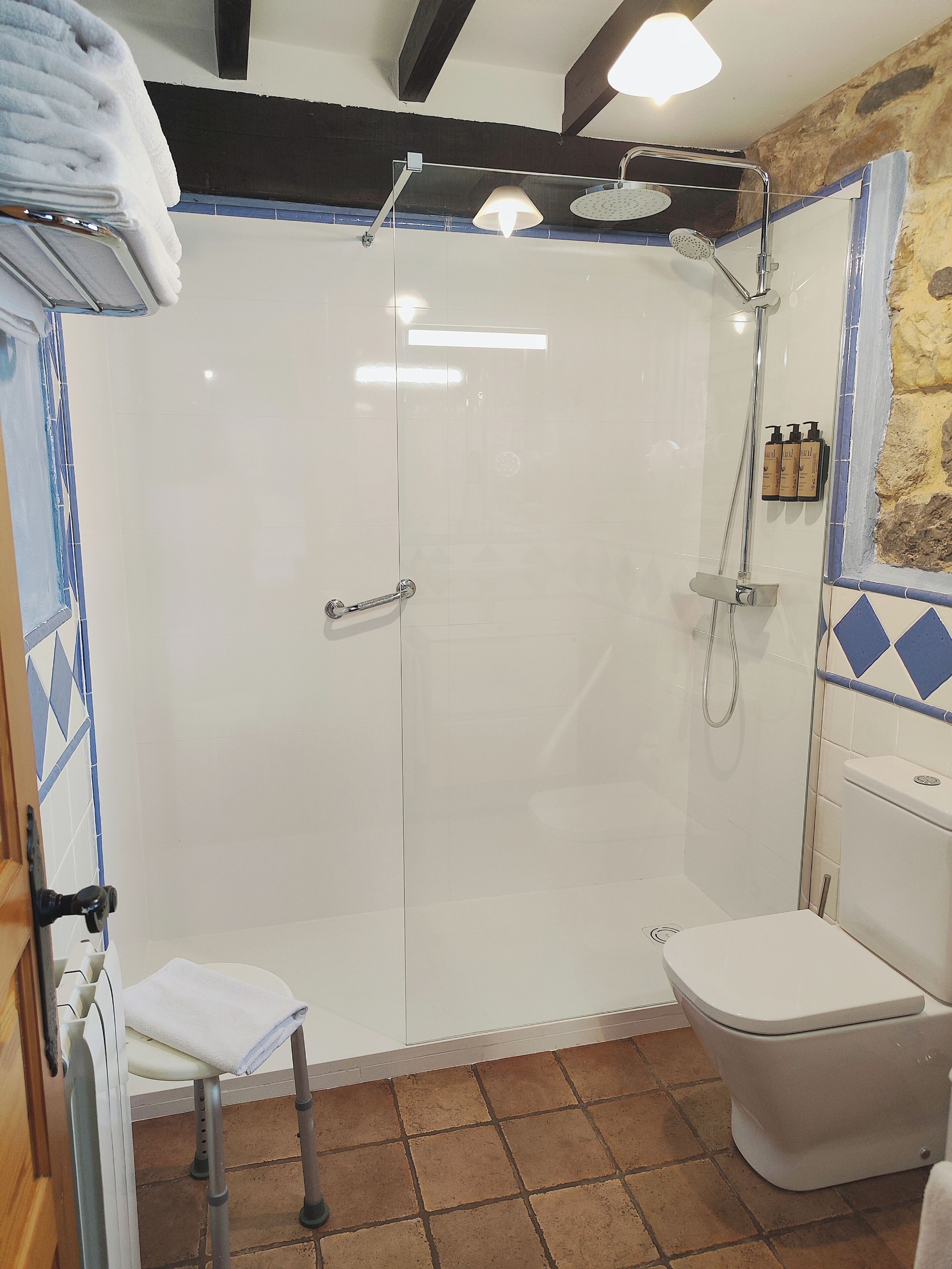 Un baño con ducha de vidrio, inodoro y lavamanos.